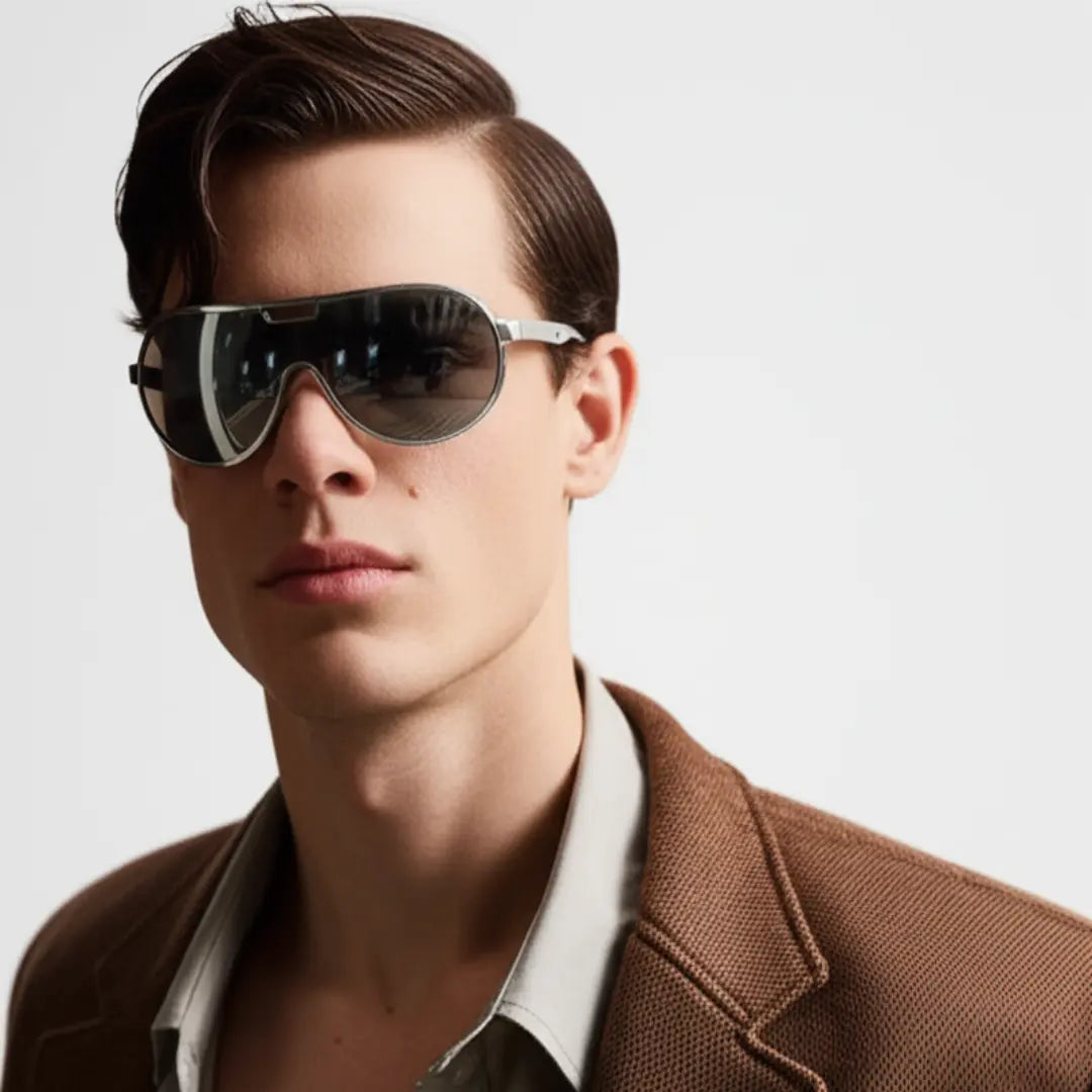 Homem em um fundo neutro utilizando o Óculos de Sol Aviador Vintage Masculino Mionelle Tesla Prata