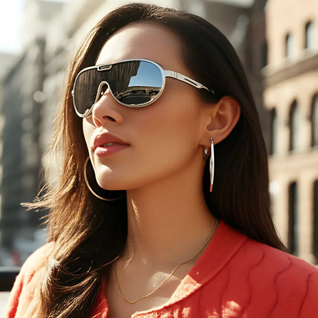 Mulher Moderna de perfil usando o Óculos de Sol Aviador Vintage Feminino Mionelle Tesla Prata