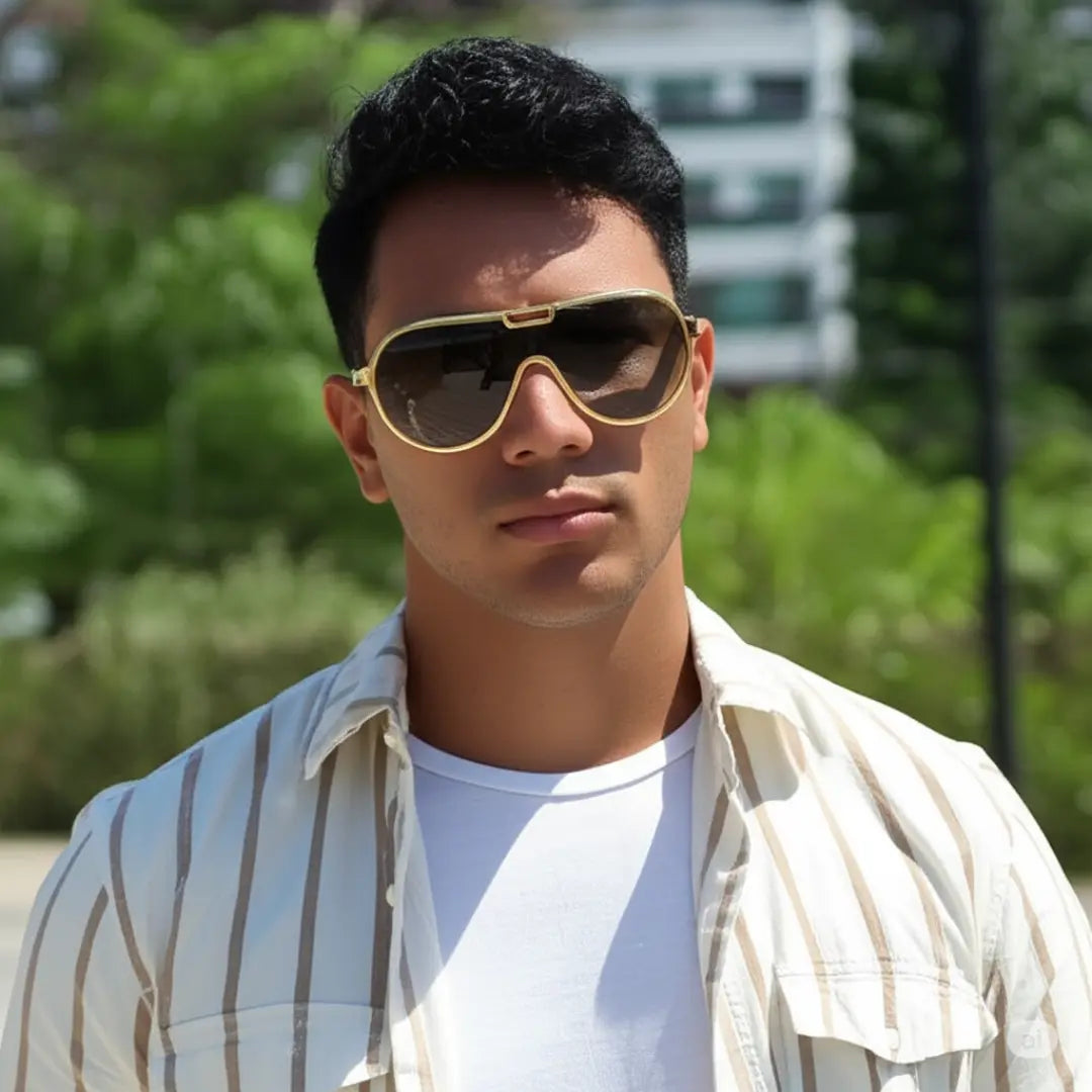 Homem Moderno Usando Óculos de Sol Aviador Vintage Masculino Mionelle Tesla Golden Preto