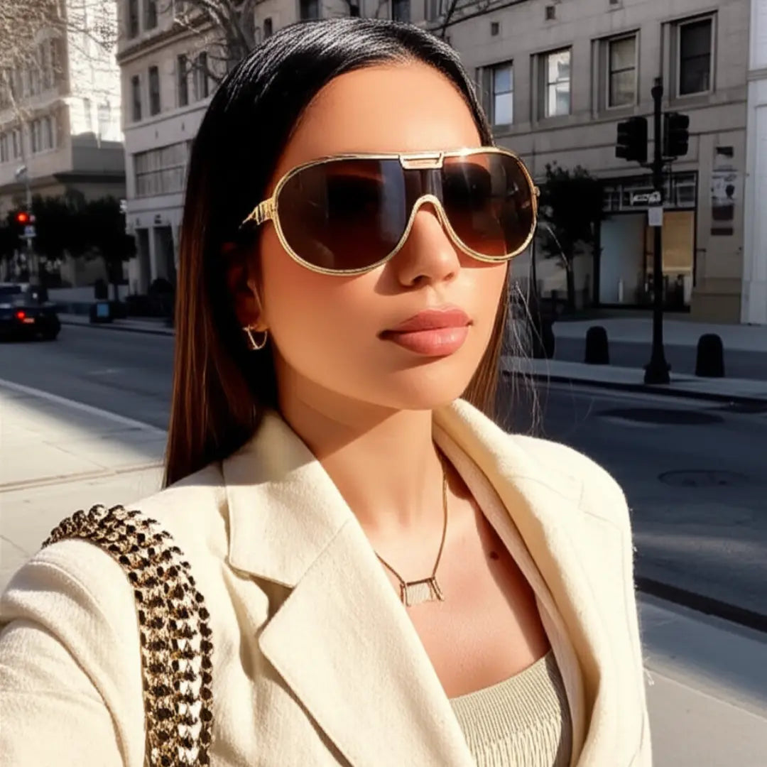 Mulher Moderna usando o Óculos de Sol Aviador Vintage Feminino Mionelle Tesla Marrom nas ruas da cidade