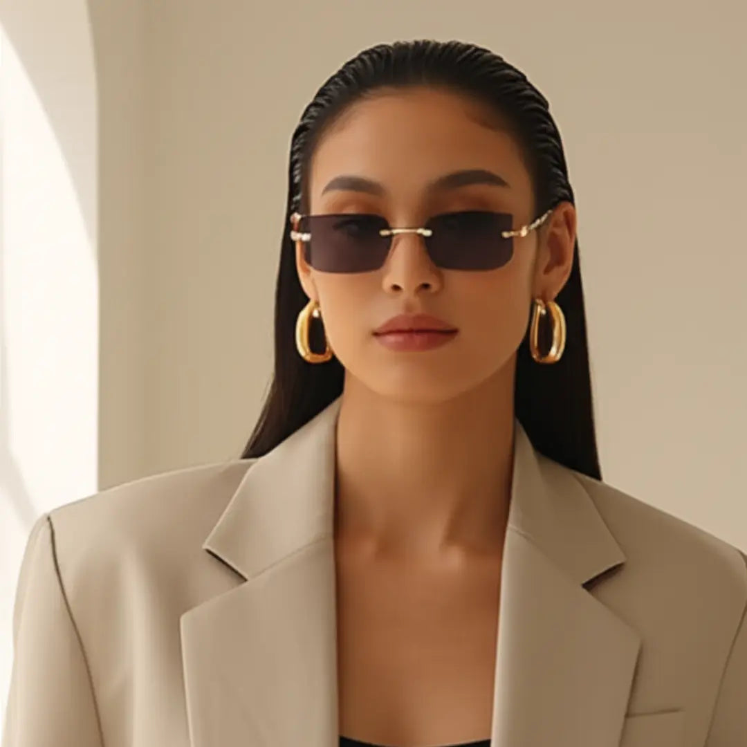 alt="mulher chic usando oculos de sol retangular sem aro preto"