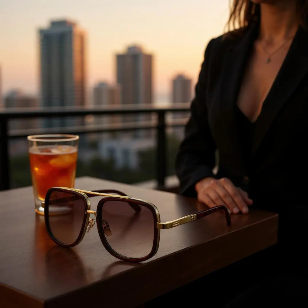 Óculos de Sol Quadrado Feminino Mionelle Milano Degradê Marrom sobre a mesa com uma mulher bem vestida no fundo