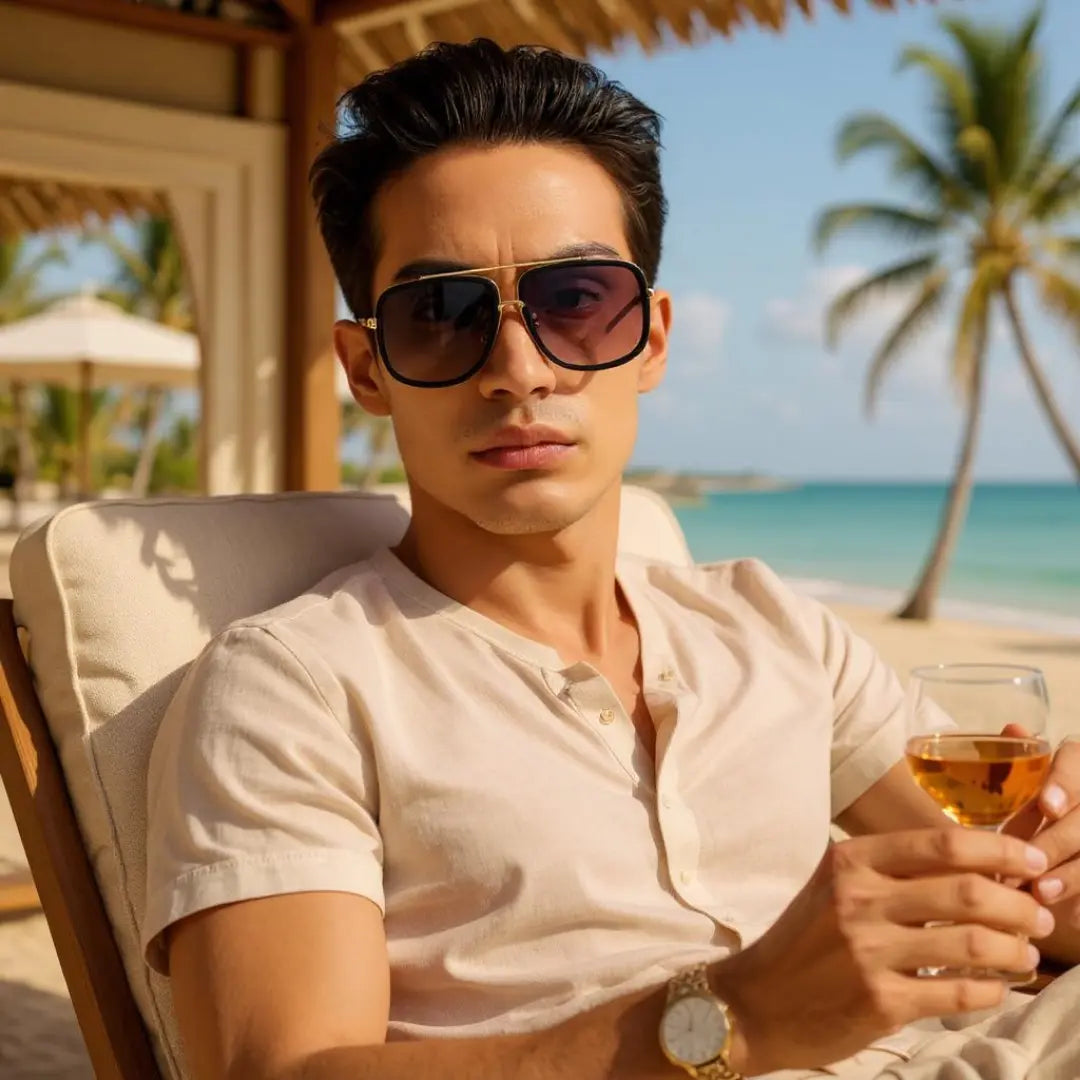 Homem usando o Óculos de Sol Quadrado Masculino Mionelle Milano Degradê Preto na praia