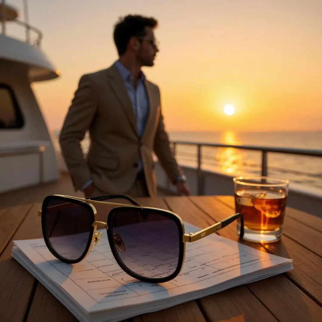 Óculos de Sol Quadrado Masculino Mionelle Milano Degradê Preto sobre a mesa em uma lança com um homem bem vestido no fundo