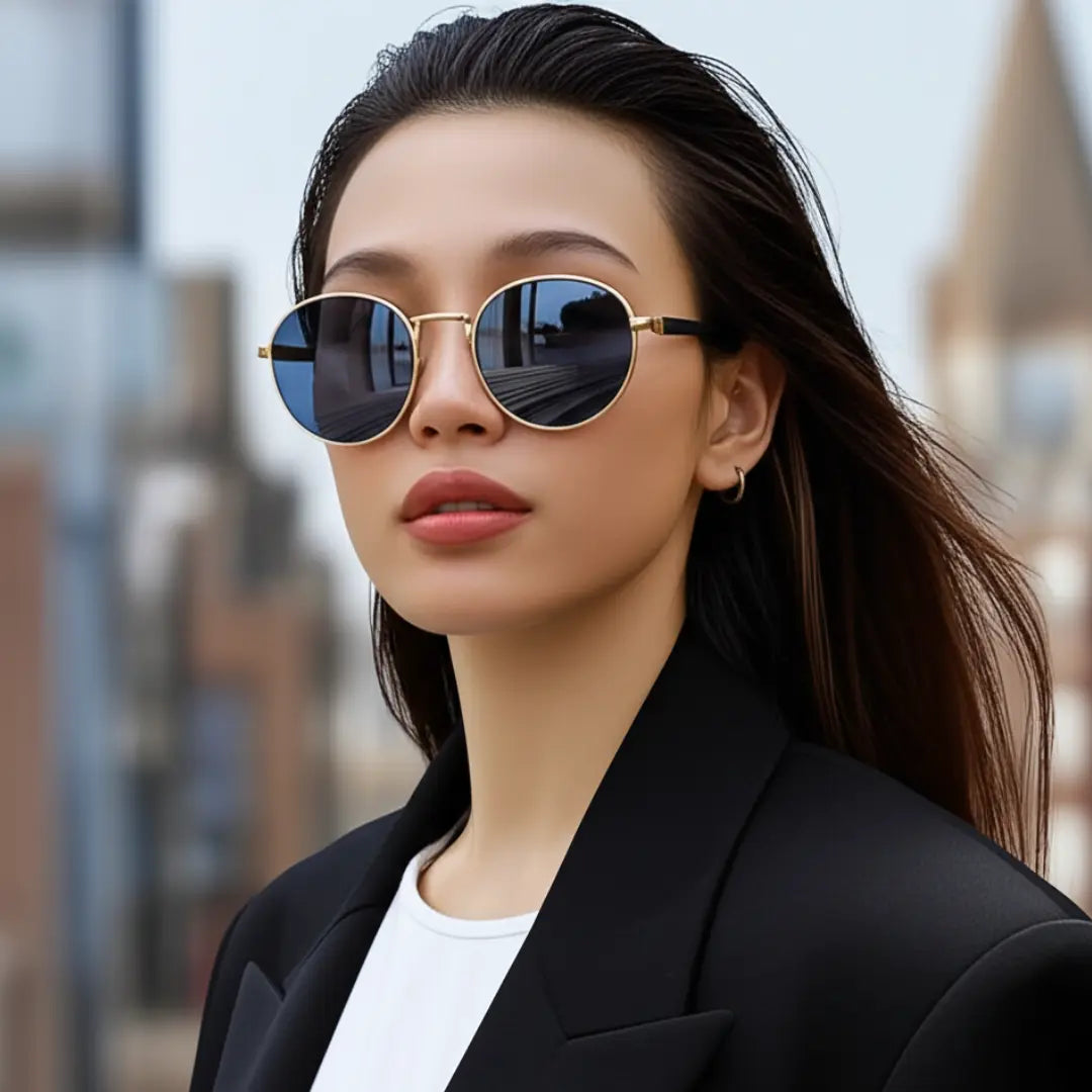 Mulher Moderna usando o Óculos de Sol Redondo Vintage Masculino ou Feminino Mionele Orion Azul