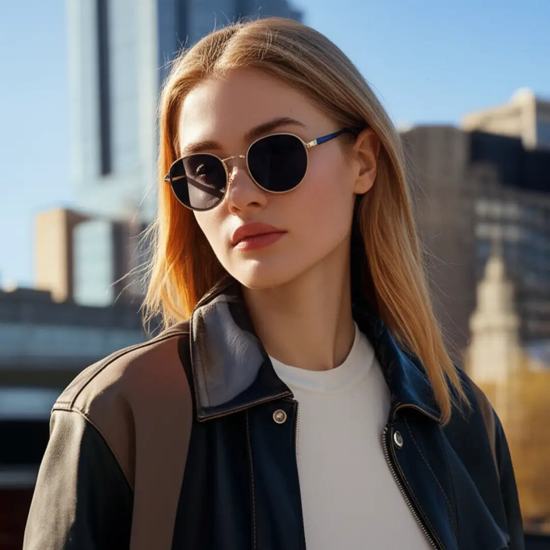 Mulher loira e estilosa usando o Óculos de Sol Redondo Vintage Masculino ou Feminino Mionele Orion Azul