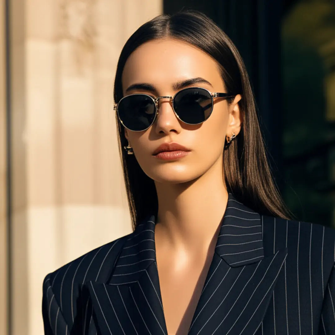 Mulher bem vestida e sofisticada usando o Óculos de Sol Redondo Vintage Masculino Mionelle Orion Golden Preto
