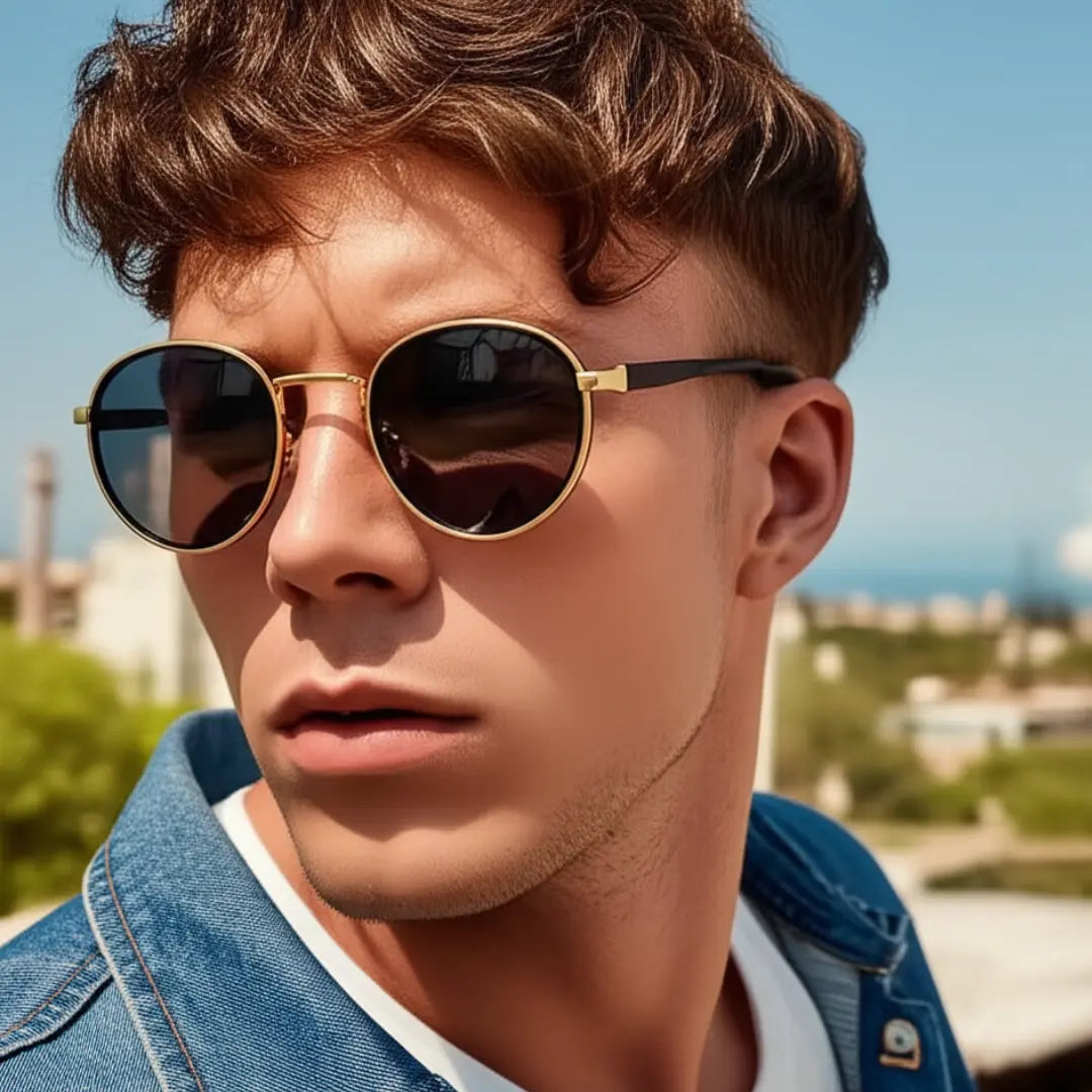 Homem usando o Óculos de Sol Redondo Vintage Masculino Mionelle Orion Golden Preto