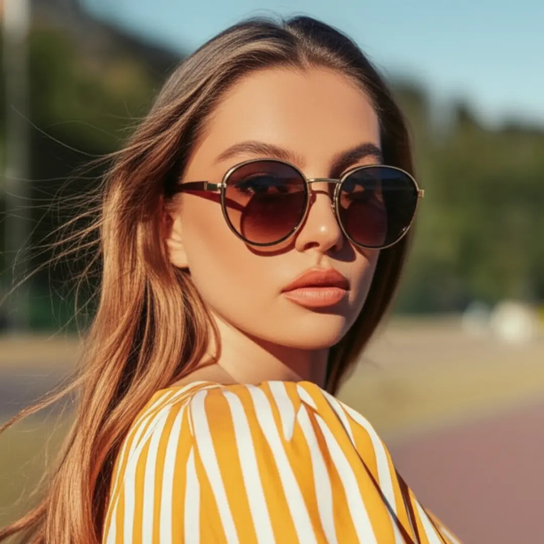 Mulher loira moderna usando o Óculos de Sol Redondo Vintage Masculino Mionelle ou Feminino Orion Marrom