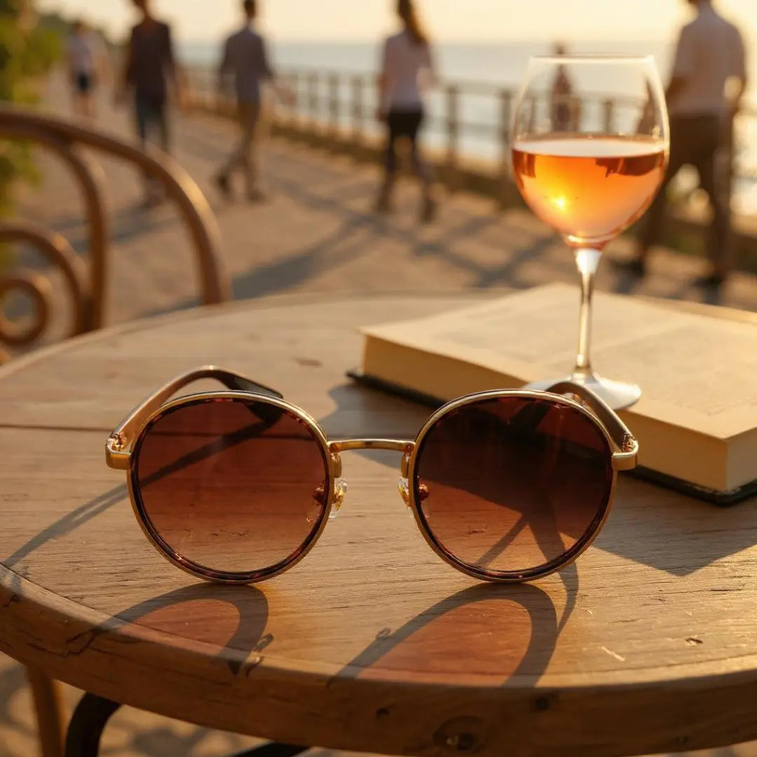 Óculos de Sol Redondo Vintage Masculino Mionelle ou Feminino Orion Marrom sobre uma mesa de madeira ao por do sol