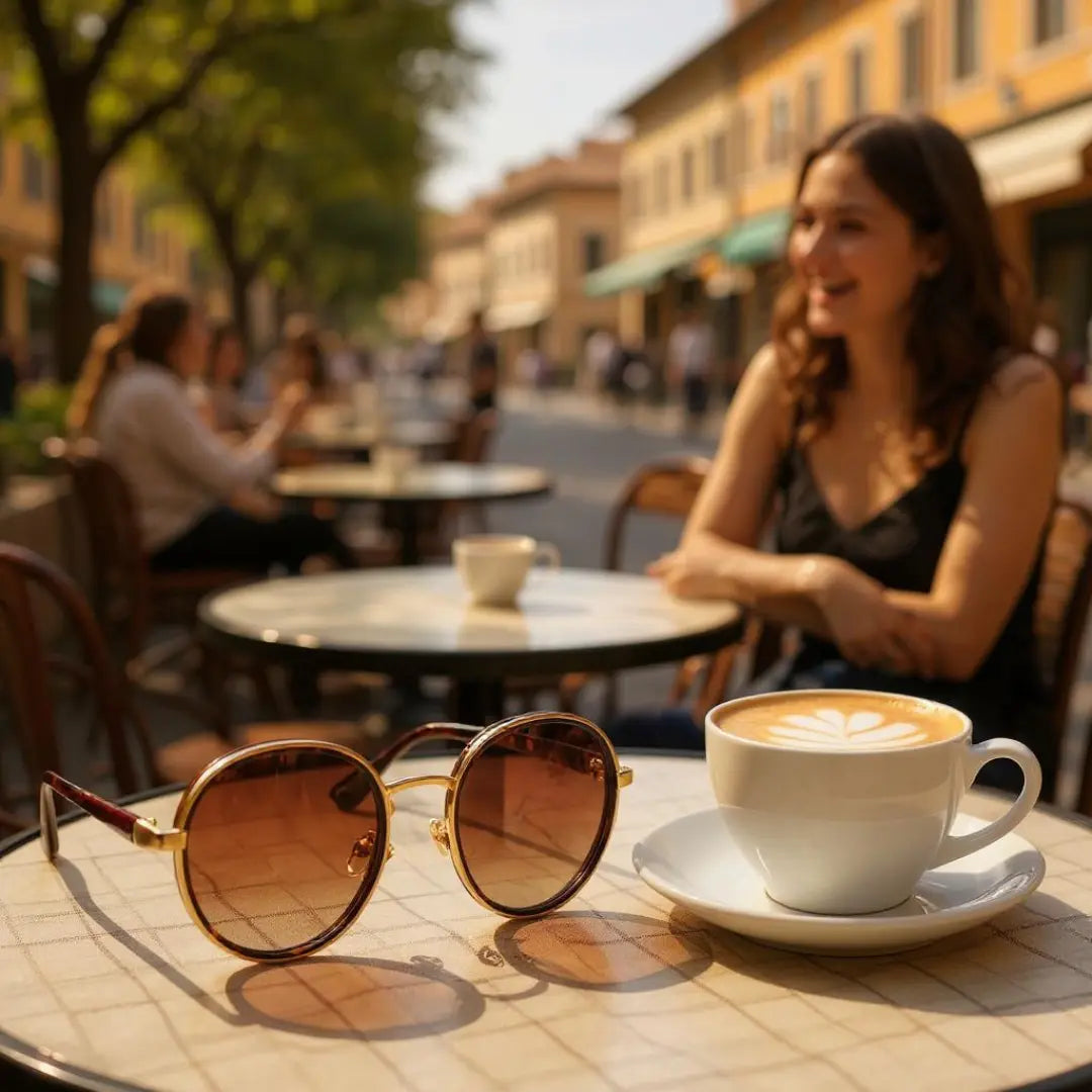 Óculos de Sol Redondo Vintage Masculino Mionelle ou Feminino Orion Marrom sobre uma mesa redonda de uma cafeteria com uma xícara de café do lado e pessoas desfocada nas outras mesas ao fundo