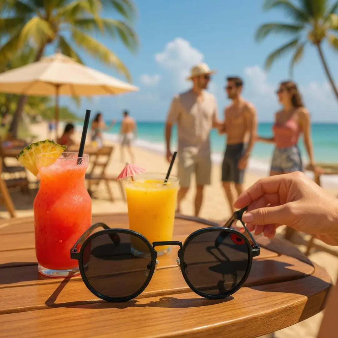Óculos de Sol Redondo Vintage Masculino ou Feminino Mionele Orion Preto sobre uma mesa de madeira na praia e com 2 copos de suco sobre a mesa