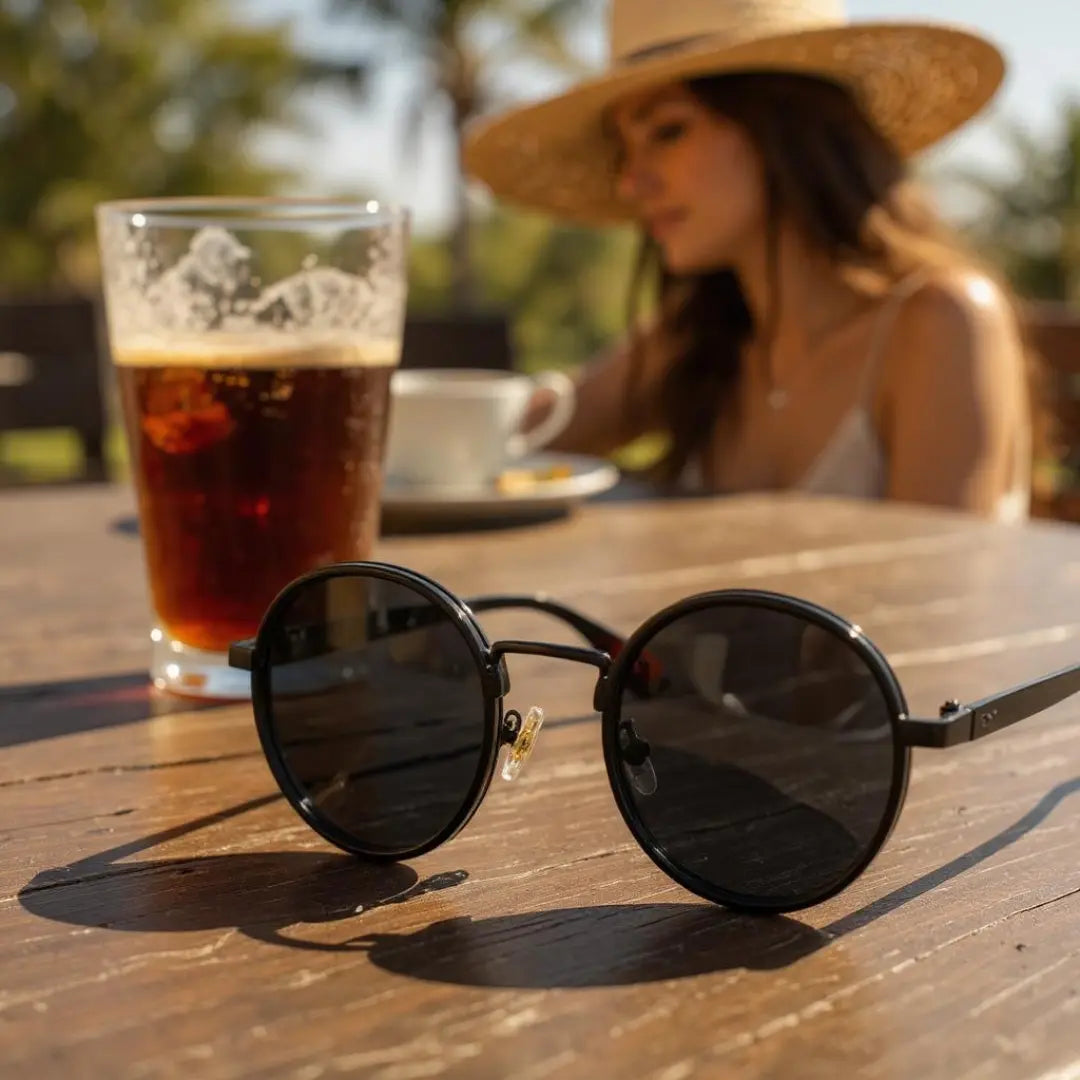 Close no Óculos de Sol Redondo Vintage Masculino ou Feminino Mionele Orion Preto sobre uma mesa de madeira e uma mulher desfocada no fundo bebendo uma xícara de café.