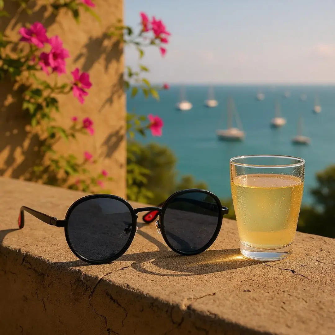 Óculos de Sol Redondo Vintage Masculino ou Feminino Mionele Orion Preto sobre um muro com um copo com bebida ao lado e uma paisagem desfocada de uma mar com vários barcos no fundo