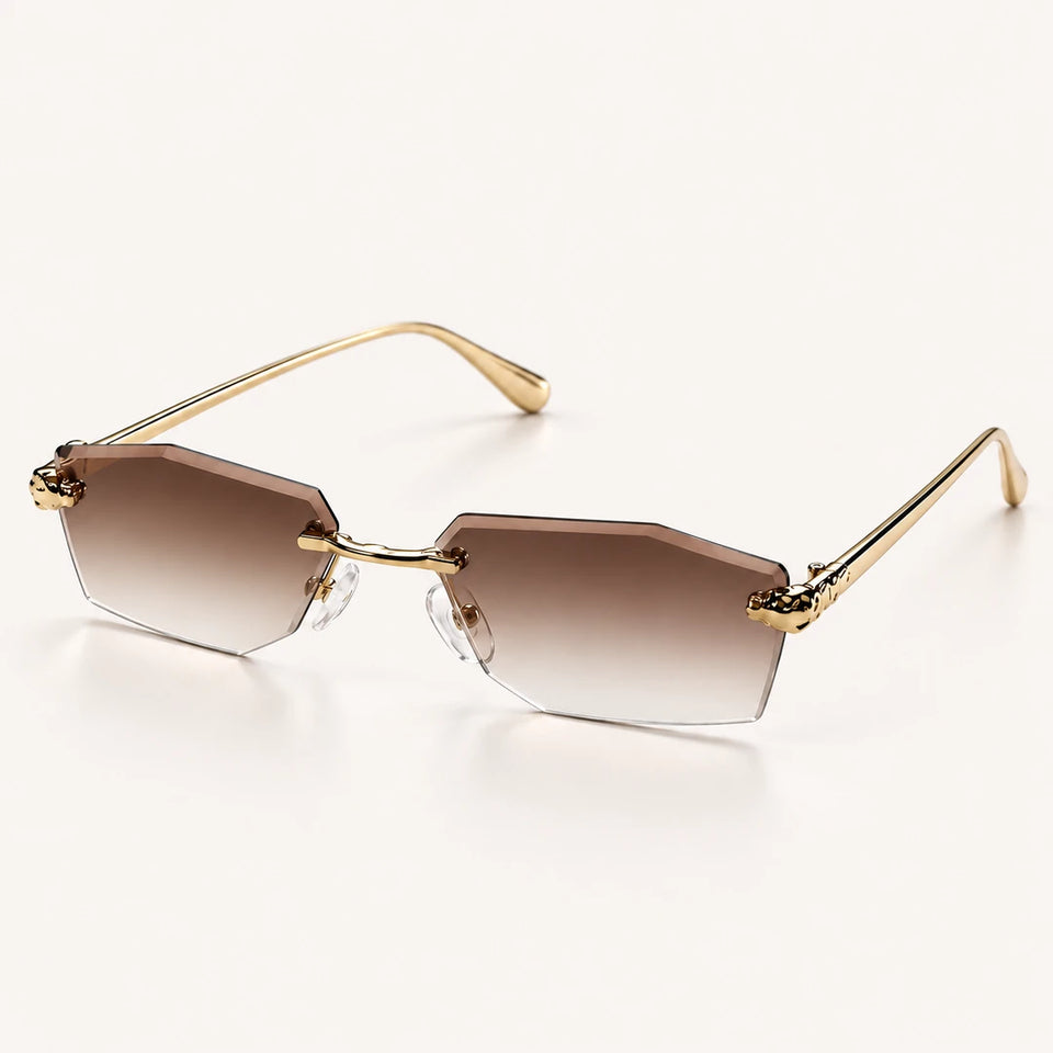 Óculos de sol feminino hexagonal sem aro Mionelle Aura Vintage Brown em vista de três quartos