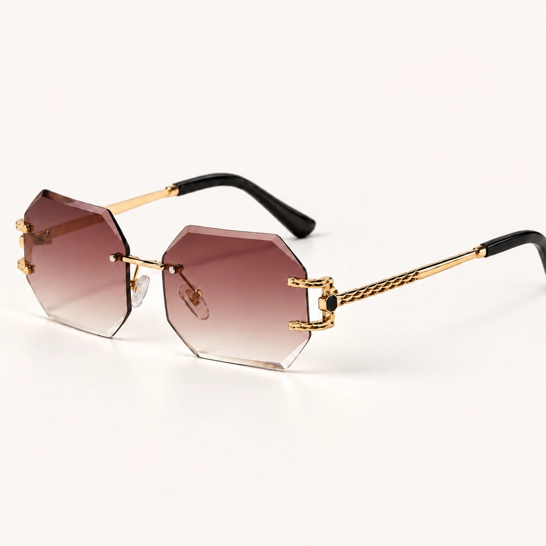 Óculos de sol feminino hexagonal sem aro Mionelle Facet Amber Brown em vista de três quartos