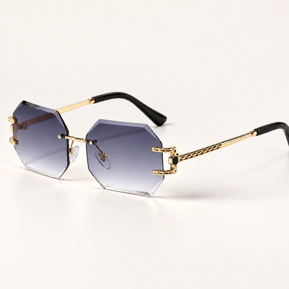 Óculos de sol feminino hexagonal sem aro Mionelle Facet Shadow Black em vista de três quartos