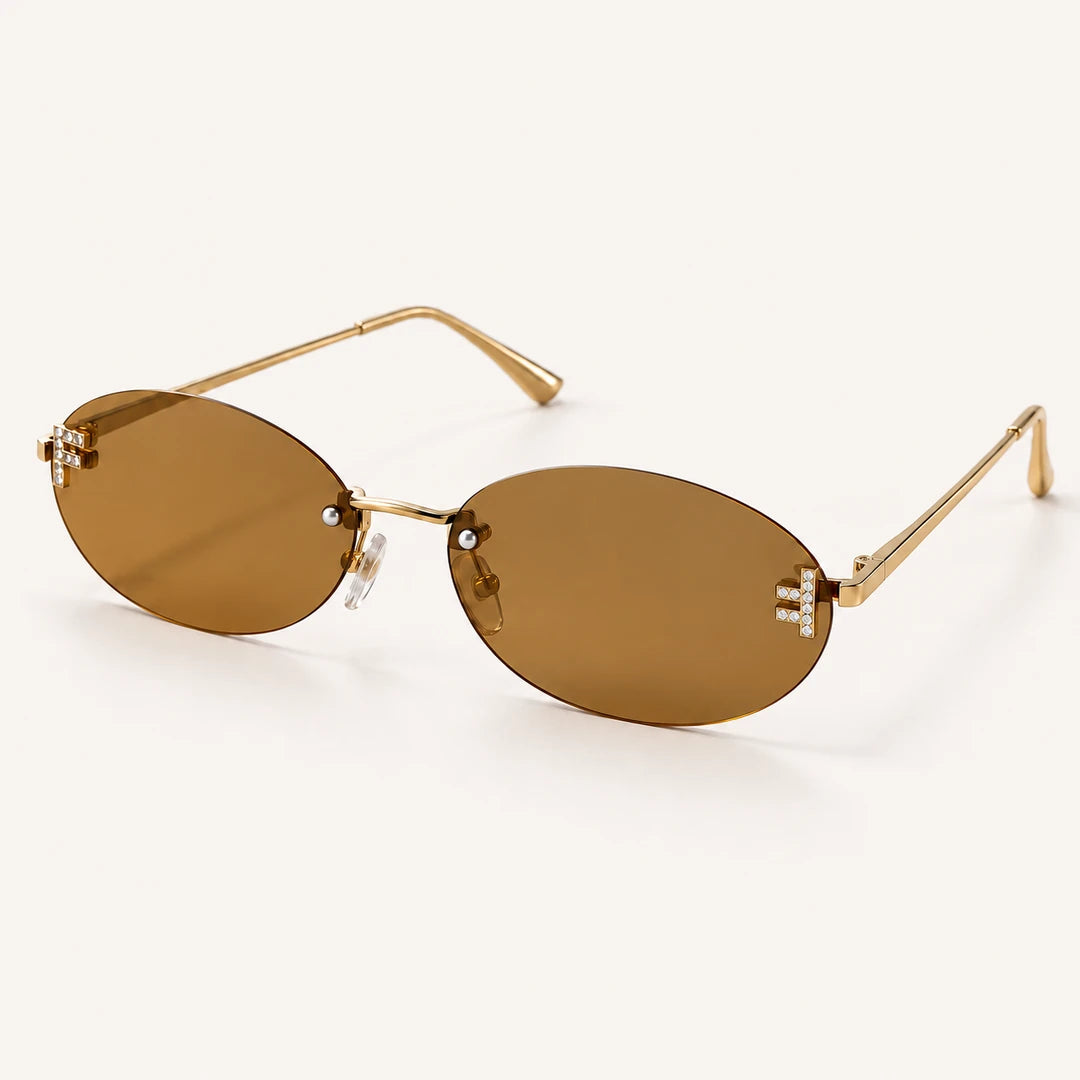 Óculos de sol feminino oval sem aro Mionelle Luna Brown Vintage em vista de três quartos
