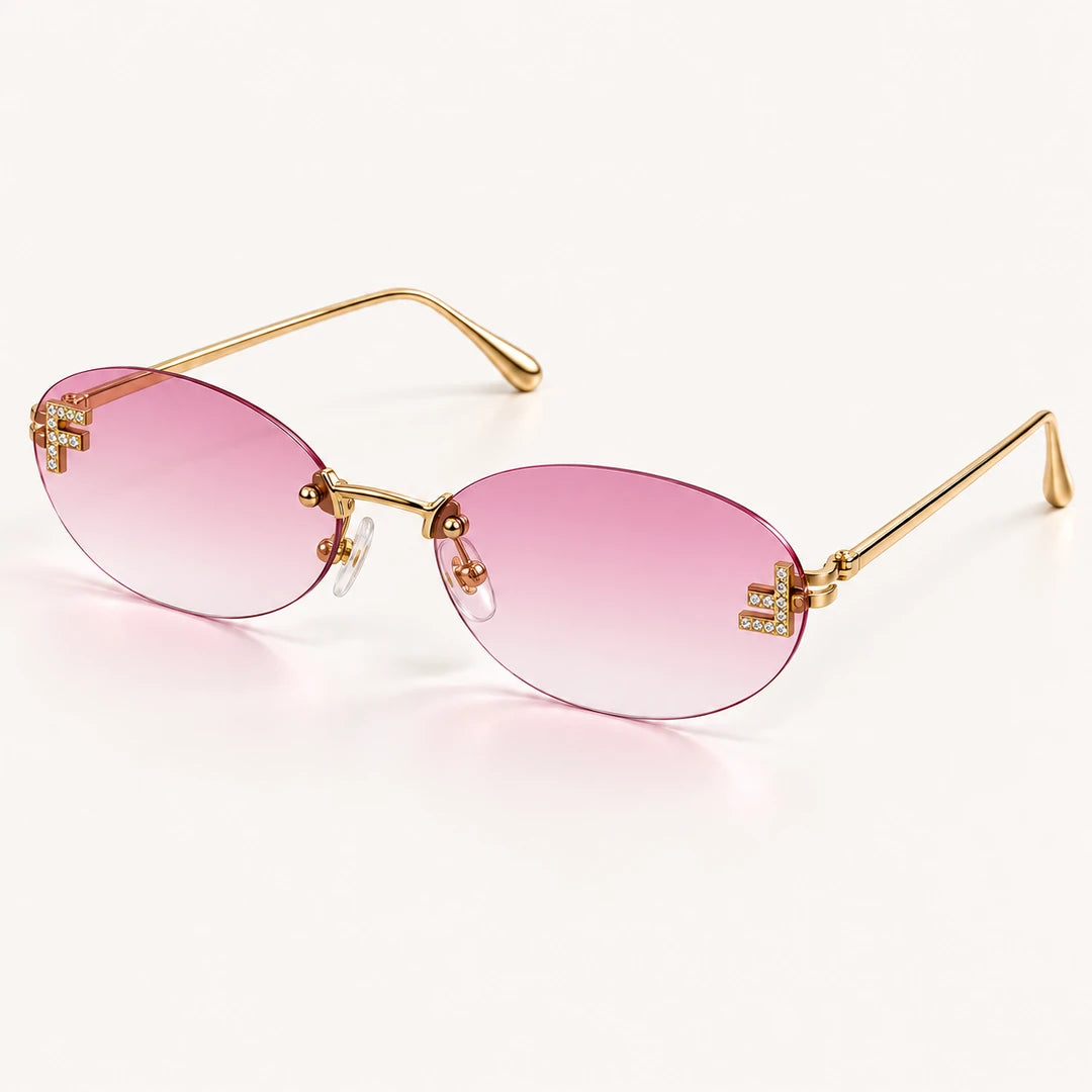 Óculos de sol feminino oval sem aro Mionelle Luna Pink Y2K em vista de três quartos