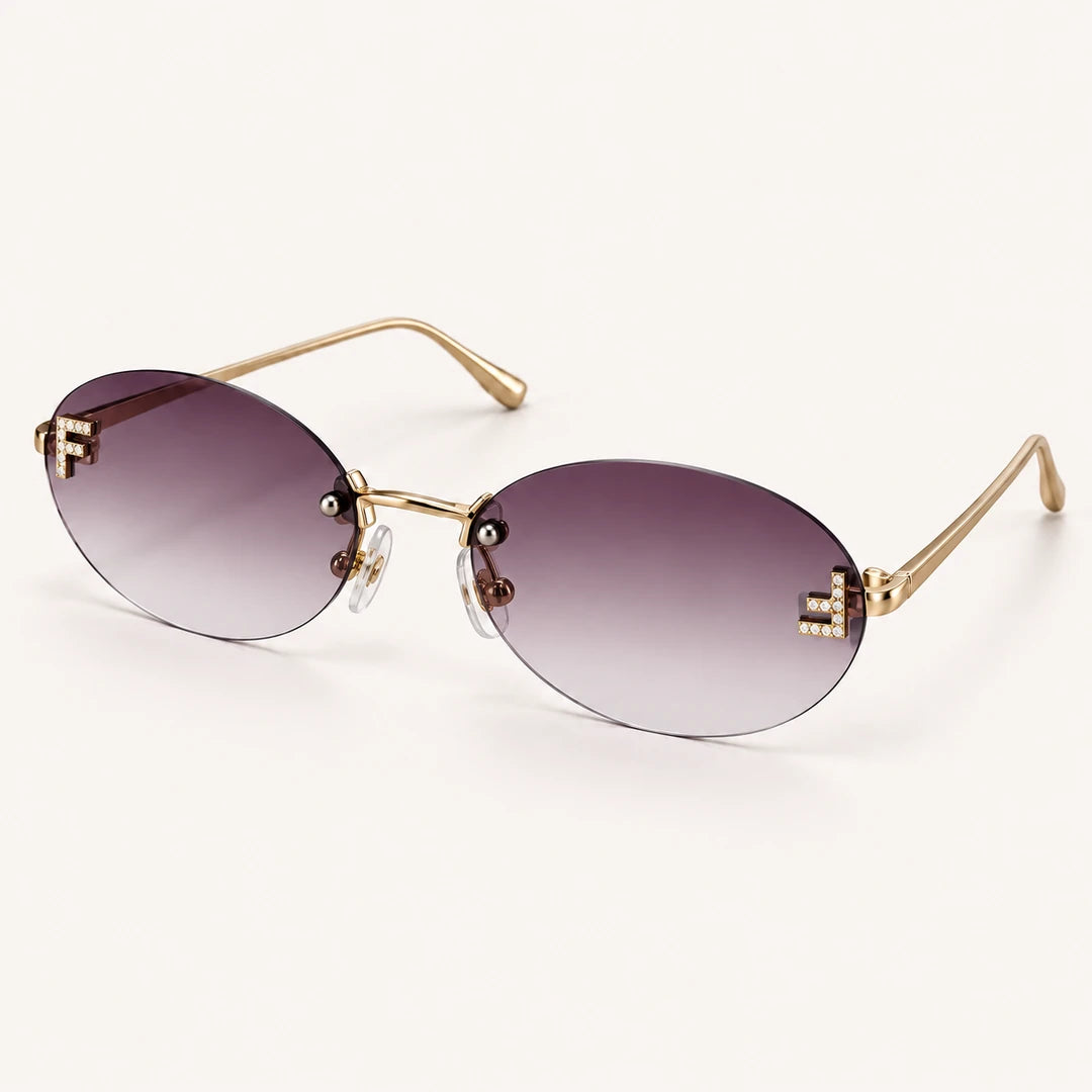 Óculos de sol feminino oval sem aro Mionelle Luna Purple em vista de três quartos