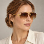 Mulher usando o Mionelle Halo Brown, com lentes marrons em degradê