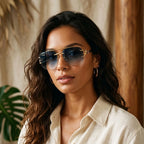 Mulher usando o Mionelle Halo Sky Blue, com lentes azuis em degradê