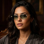 Mulher usando o Mionelle Aura Green, com lentes verdes em degradê