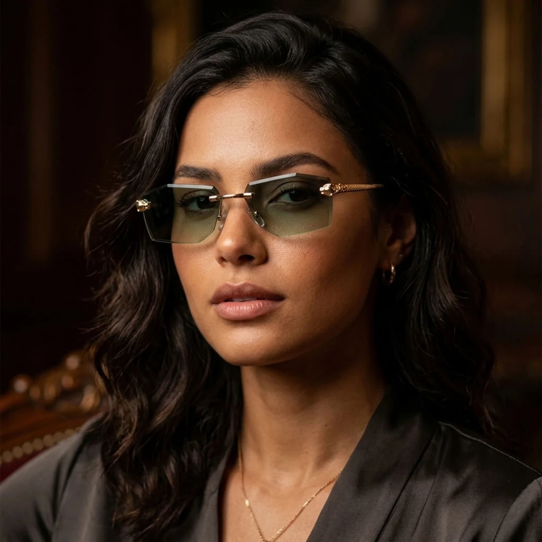 Mulher usando o Mionelle Aura Green, com lentes verdes em degradê