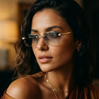 Mulher usando o Mionelle Aura Sky Blue, com lentes azuis em degradê