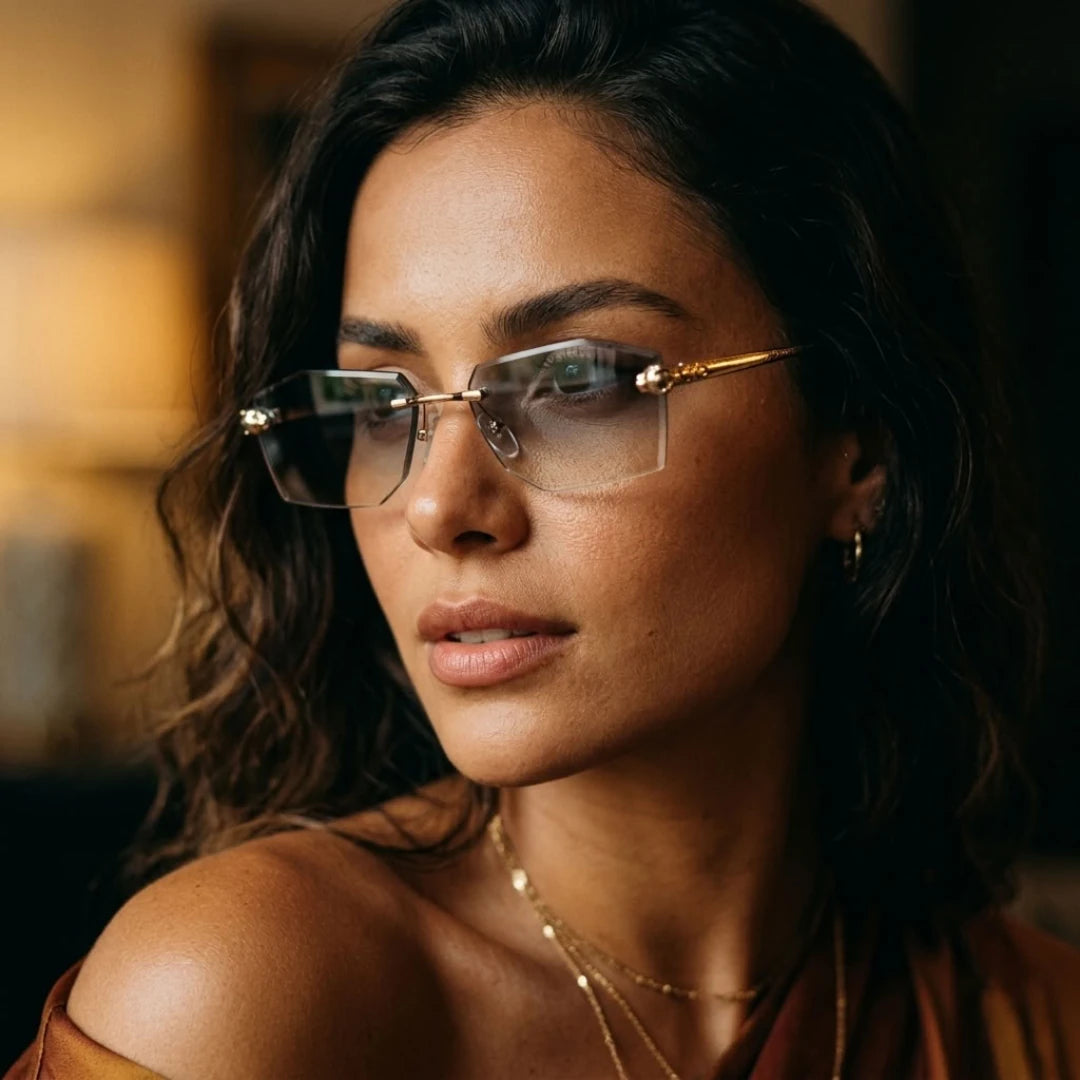 Mulher usando o Mionelle Aura Sky Blue, com lentes azuis em degradê