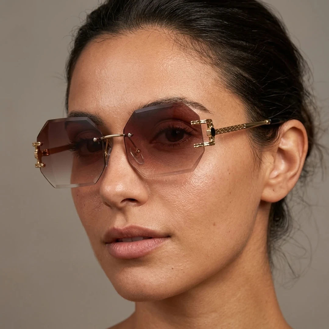 Mulher usando os óculos hexagonais sem aro Mionelle Facet Amber Brown, com lentes marrons em degradê