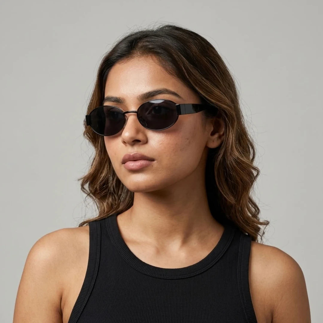 Mulher usando os óculos de sol Mionelle Selene All Black