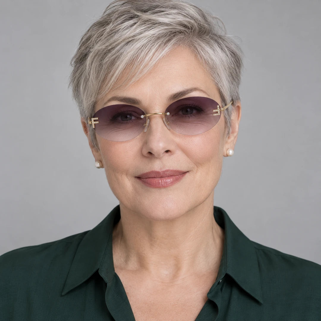 Mulher usando o Mionelle Luna Purple, com lentes roxas em degradê