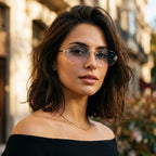 Mulher usando o Mionelle Luna Sky Blue, com lentes em degradê azul e rosa