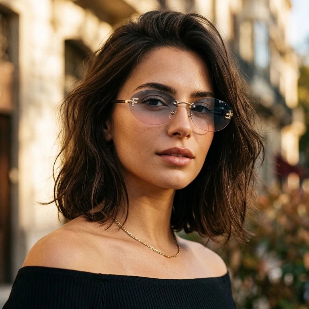 Mulher usando o Mionelle Luna Sky Blue, com lentes em degradê azul e rosa