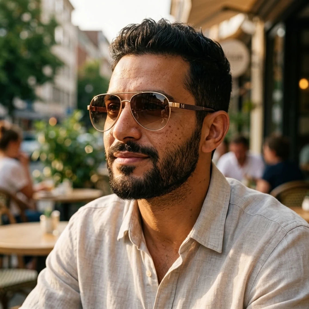 Homem usando os óculos Mionelle Carbon Marrom em um café ao ar livre.