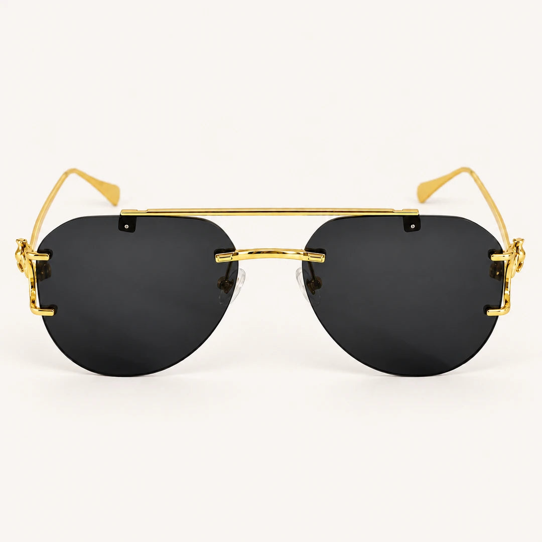 Vista frontal do Mionelle Halo All Black, com estrutura dourada e lentes cinza-escuras