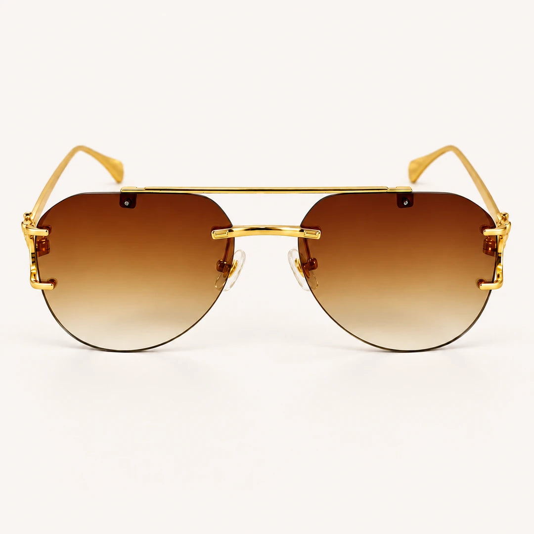 Vista frontal do Mionelle Halo Brown, com estrutura dourada e lentes marrons em degradê