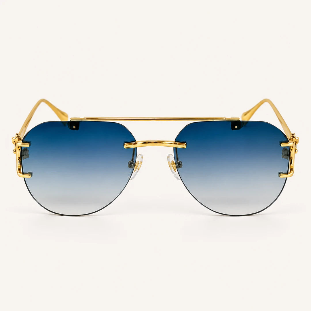 Vista frontal do Mionelle Halo Sky Blue, com estrutura dourada e lentes azuis em degradê