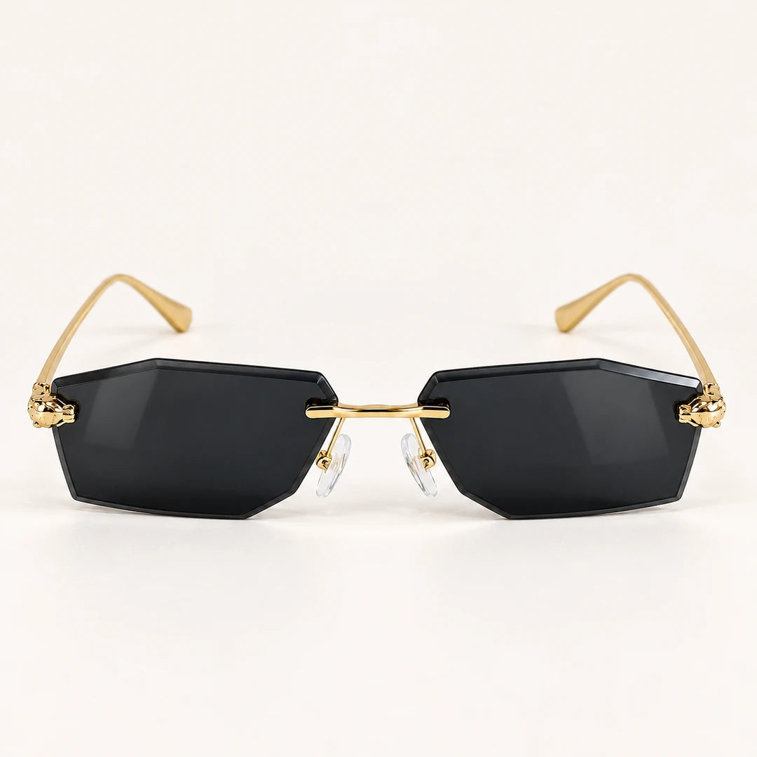 Vista frontal do Mionelle Aura All Black, com estrutura dourada e lentes cinza-escuras uniformes