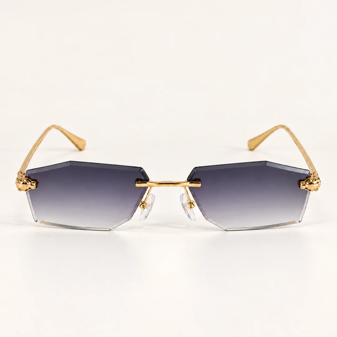 Vista frontal do Mionelle Aura Shadow, com estrutura dourada e lentes cinza em degradê