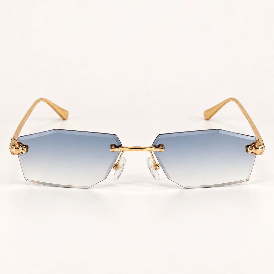 Vista frontal do Mionelle Aura Sky Blue, com estrutura dourada e lentes azuis em degradê