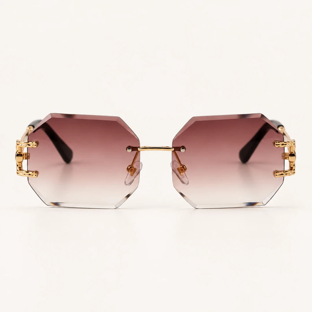 Vista frontal do Mionelle Facet Amber Brown, com lentes marrons em degradê e estrutura dourada