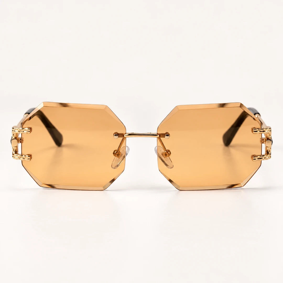 Vista frontal do Mionelle Facet Champagne Gold, com lentes champagne e estrutura dourada