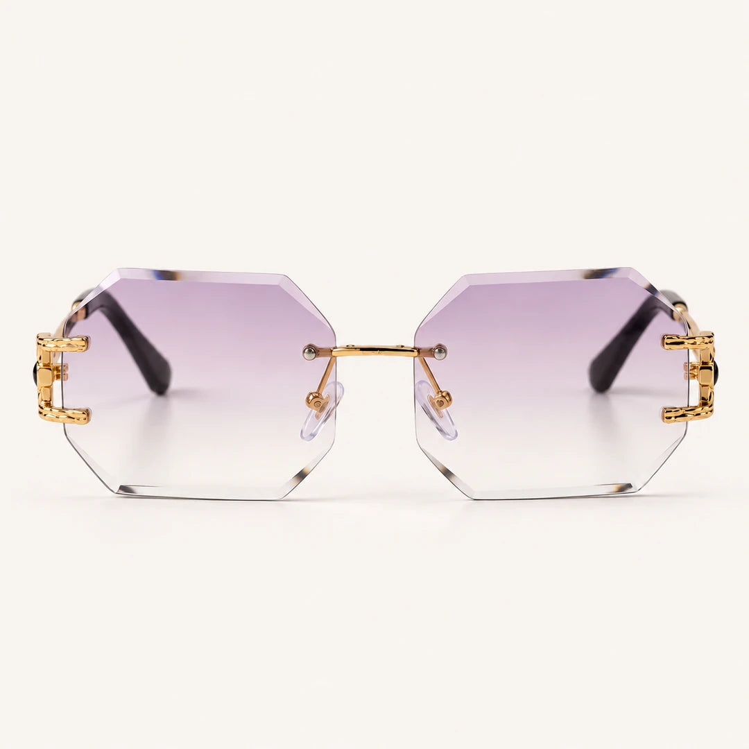 Vista frontal dos óculos Mionelle Facet Purple, com lentes lilás em degradê e estrutura dourada