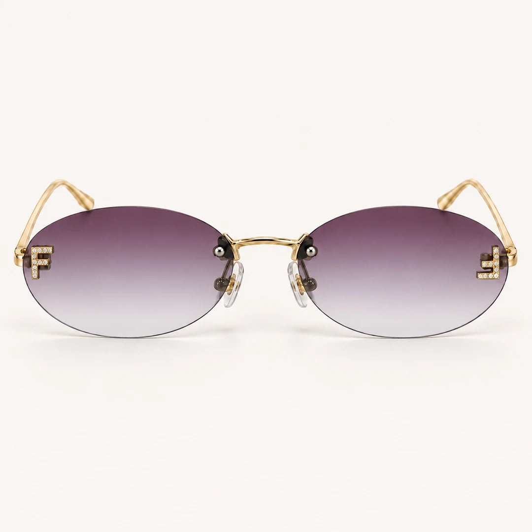 Vista frontal do Mionelle Luna Purple, com estrutura dourada e lentes roxas em degradê
