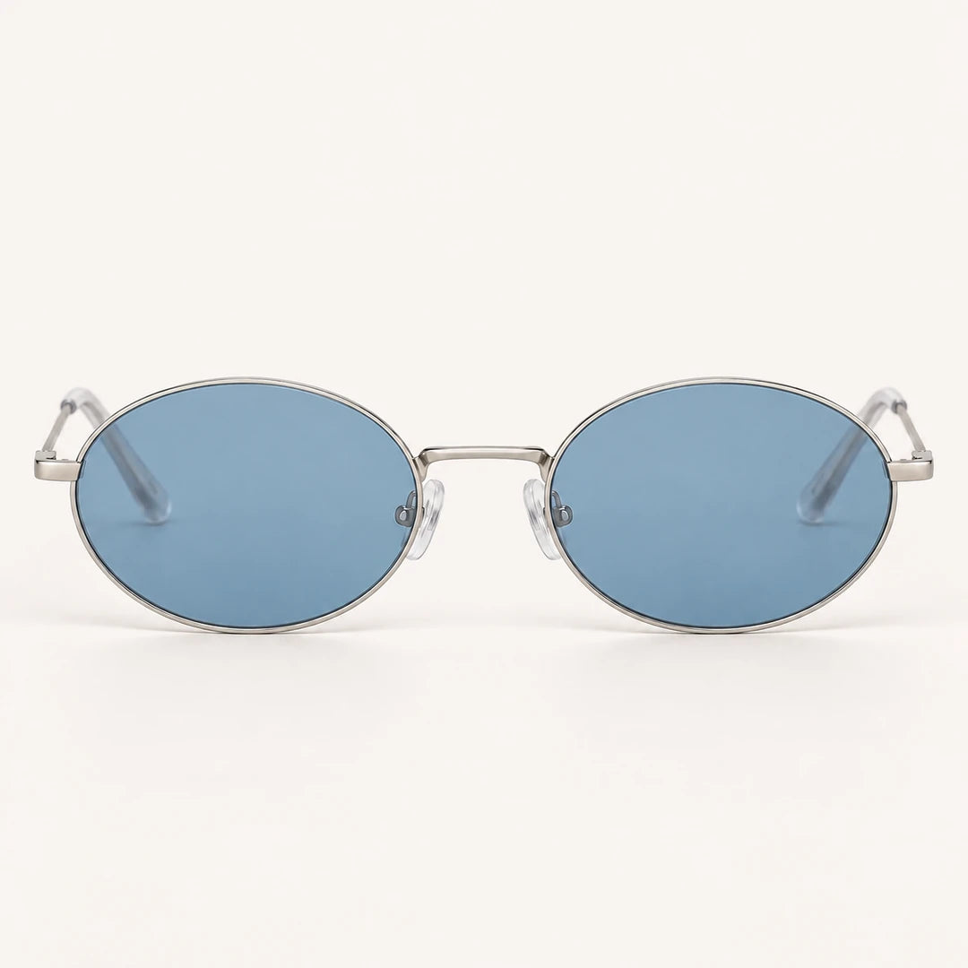Vista frontal do Mionelle Viper Cobalt, com estrutura prateada e lentes azuis