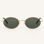 Vista frontal do Mionelle Viper Green, com estrutura dourada e lentes verde-oliva