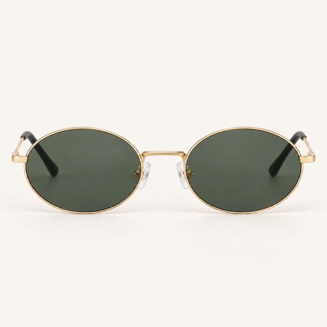 Vista frontal do Mionelle Viper Green, com estrutura dourada e lentes verde-oliva