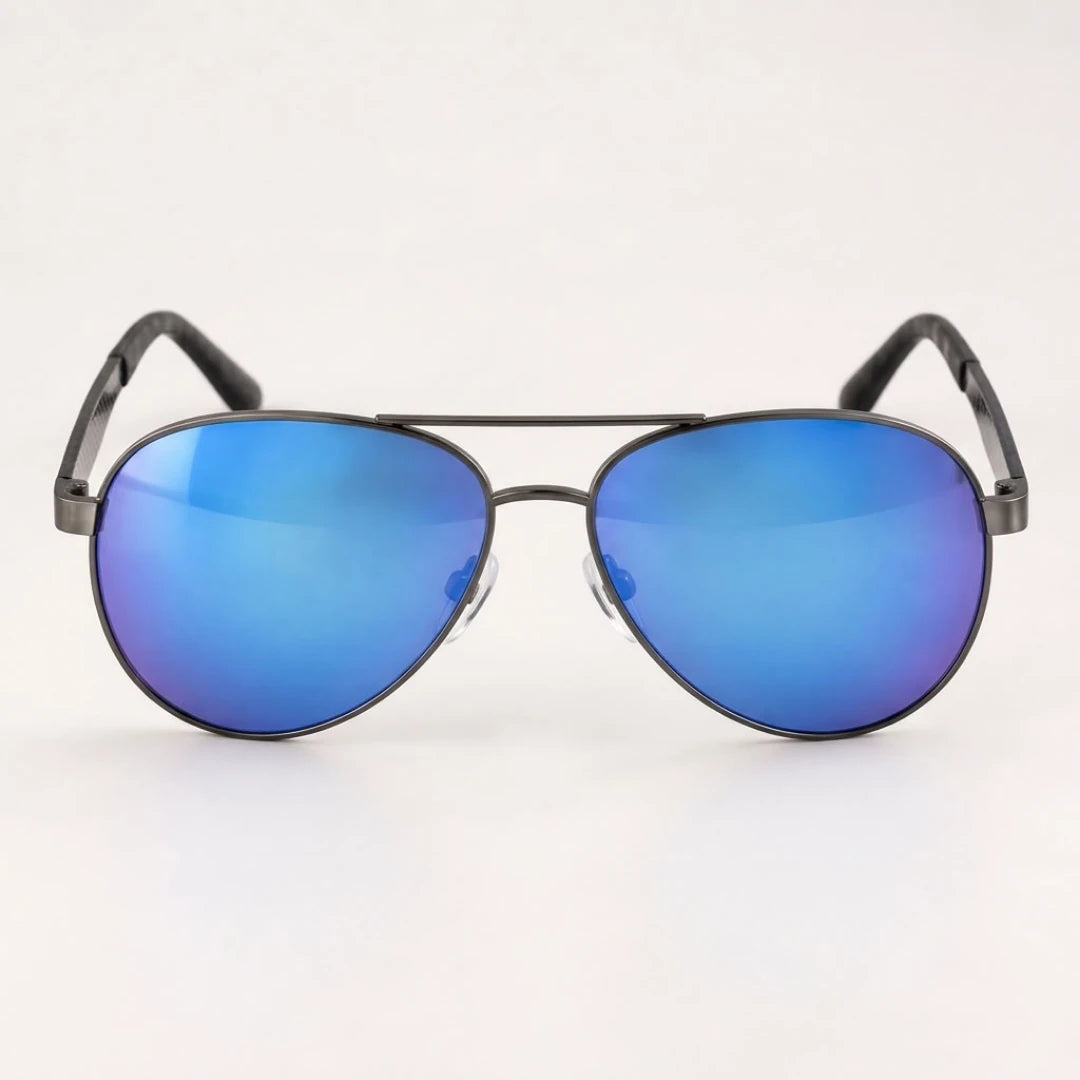 Vista frontal dos óculos Mionelle Carbon Azul Espelhado, com lentes azuis e formato aviador.